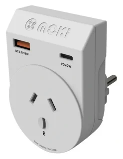 Moki Travel Adaptor Plus Outbound AUS/NZ to Europe + Pd20w Type-C & QC 3.0 USB-A Acc-Mtaoeup in White