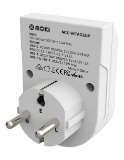 Moki Travel Adaptor Plus Outbound AUS/NZ to Europe + Pd20w Type-C & QC 3.0 USB-A Acc-Mtaoeup in White