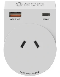 Moki Travel Adaptor Plus Outbound Aus/Nz To Japan + Pd20w Type-C & Qc 3.0 Usb-A Acc-Mtaojap in White