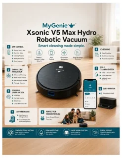MyGenie MyGenie Xsonic V5 Max Hydro 3-in-1 Robot Vacuum & Mop, WiFi App Control
