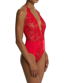 Natori Fleur Thong Cut Halter Lace Lingerie Bodysuit in Bonfire