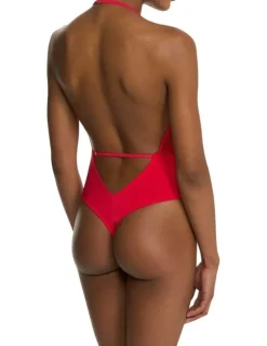 Natori Fleur Thong Cut Halter Lace Lingerie Bodysuit in Bonfire