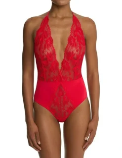 Natori Fleur Thong Cut Halter Lace Lingerie Bodysuit in Bonfire
