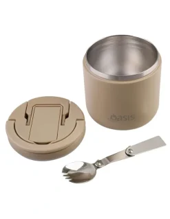 Oasis Double Wall Insulated Food Flask With Quick Release Lid and Spork 550ml in Latte