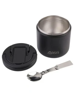 Oasis Double Wall Insulated Food Flask With Quick Release Lid and Spork 550ml in Black