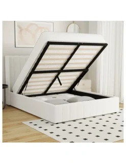 Oikiture Oikiture Bed Frame Double Size Gas Lift Base with Storage Boucle Fabric White