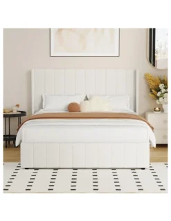 Oikiture Oikiture Bed Frame Double Size Gas Lift Base with Storage Boucle Fabric White