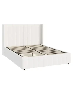 Oikiture Oikiture Bed Frame Double Size Gas Lift Base with Storage Boucle Fabric White