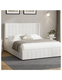 Oikiture Oikiture Bed Frame Double Size Gas Lift Base with Storage Boucle Fabric White