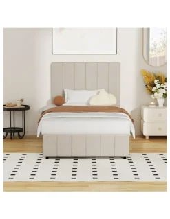 Oikiture Oikiture Bed Frame Gas Lift Beige Fabric-King Single