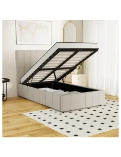 Oikiture Oikiture Bed Frame Gas Lift Beige Fabric-King Single
