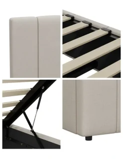 Oikiture Oikiture Bed Frame Gas Lift Beige Fabric- Queen