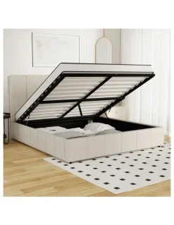 Oikiture Oikiture Bed Frame Gas Lift Beige Fabric- Queen
