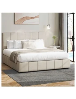 Oikiture Oikiture Bed Frame Gas Lift Beige Fabric- Queen