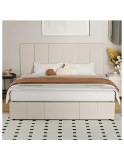 Oikiture Oikiture Bed Frame Gas Lift Beige Fabric- Queen