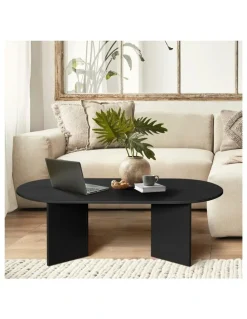 Oikiture Oikiture Coffee Table Sofa End Table Oval Side Cafe Desk Timber Black