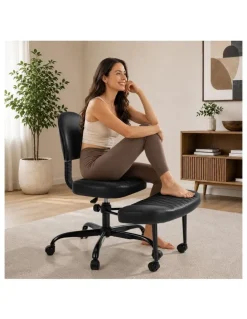 Oikiture Oikiture Cross Legged Office Chair with Wheels Swivel Adjustable Height Black