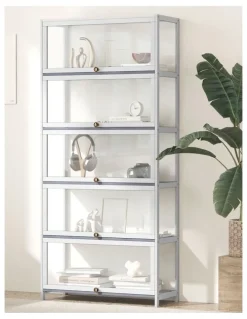 Oikiture Oikiture Display Cabinet Storage 5-Tier Shelves Clear Bookcase Stand Rack White