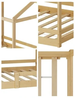 Oikiture Oikiture Double Kids Wooden Bed Frame Timber House Beds Base with Fence Natural