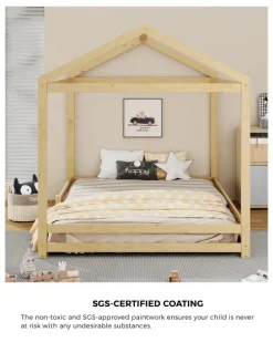 Oikiture Oikiture Double Kids Wooden Bed Frame Timber House Beds Base with Fence Natural