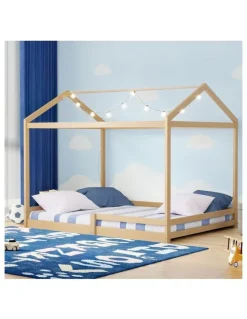 Oikiture Oikiture Double Kids Wooden Bed Frame Timber House Beds Base with Fence Natural