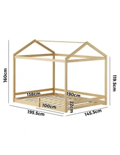 Oikiture Oikiture Double Kids Wooden Bed Frame Timber House Beds Base with Fence Natural