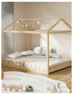 Oikiture Oikiture Double Kids Wooden Bed Frame Timber House Beds Base with Fence Natural