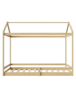 Oikiture Oikiture Double Kids Wooden Bed Frame Timber House Beds Base with Fence Natural