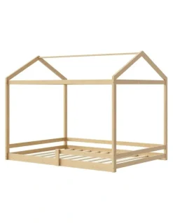 Oikiture Oikiture Double Kids Wooden Bed Frame Timber House Beds Base with Fence Natural