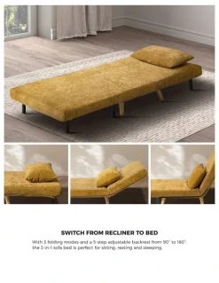 Oikiture Oikiture Folding Sofa Bed Lounge Chair Chenille Recliner Single Seat Yellow