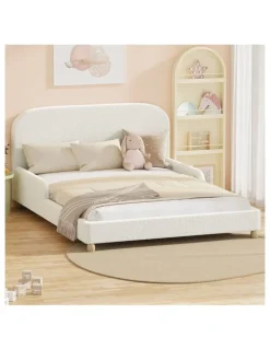 Oikiture Oikiture Kids Bed Frame Double Size Base with Side Guard Rails Boucle White