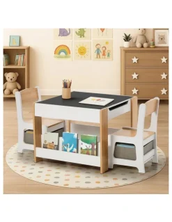 Oikiture Oikiture Kids Table and Chairs Set Chalkboard Drawing Toys Storage Bookshelf