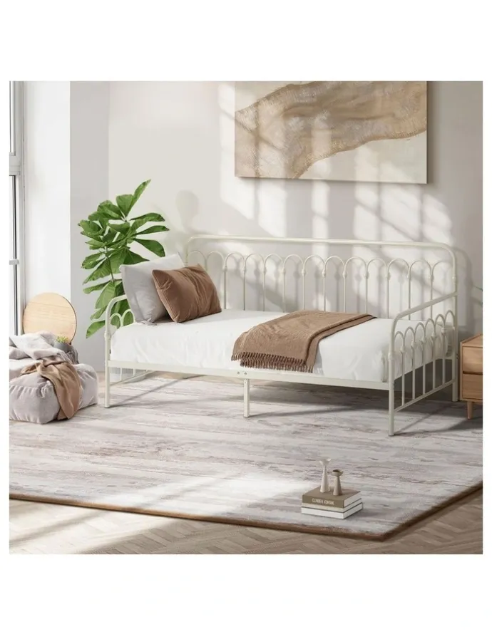 Oikiture Oikiture Metal Daybed Frame Single Size Sofa Bed Steel Slat Support Beige