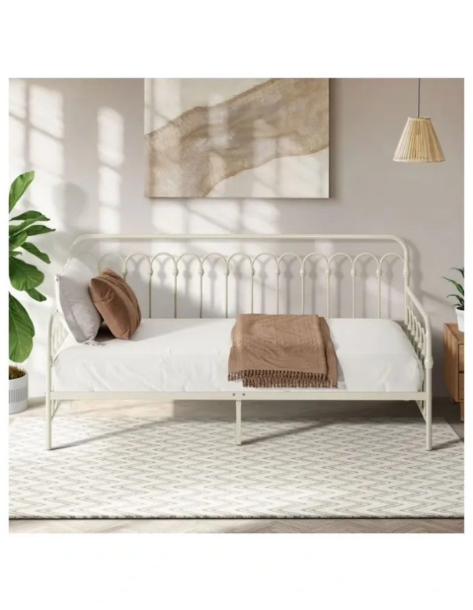Oikiture Oikiture Metal Daybed Frame Single Size Sofa Bed Steel Slat Support Beige