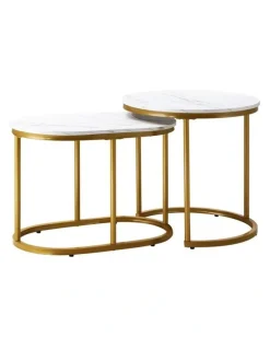 Oikiture Oikiture Set of 2 Coffee Table Round Oval Marble-like Nesting Side Tables Gold