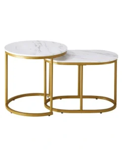 Oikiture Oikiture Set of 2 Coffee Table Round Oval Marble-like Nesting Side Tables Gold