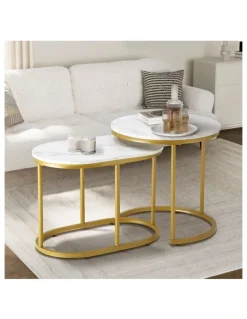Oikiture Oikiture Set of 2 Coffee Table Round Oval Marble-like Nesting Side Tables Gold