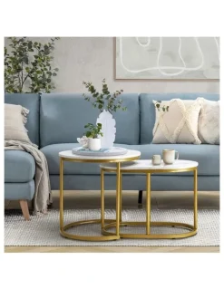 Oikiture Oikiture Set of 2 Coffee Table Round Oval Marble-like Nesting Side Tables Gold