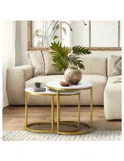 Oikiture Oikiture Set of 2 Coffee Table Round Oval Marble-like Nesting Side Tables Gold