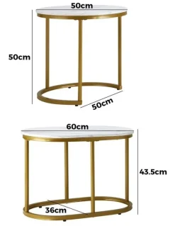 Oikiture Oikiture Set of 2 Coffee Table Round Oval Marble-like Nesting Side Tables Gold