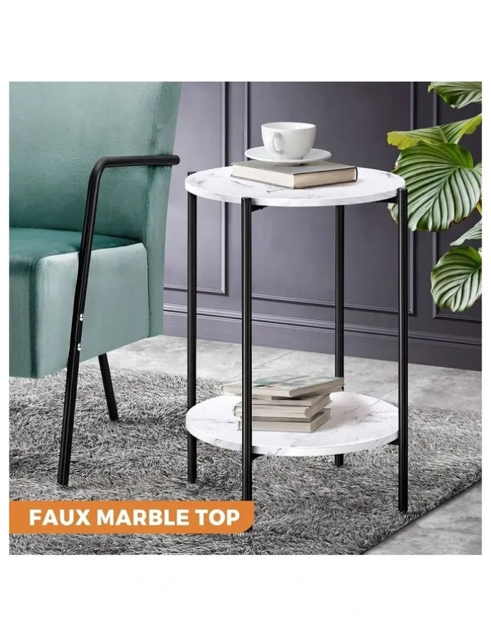Oikiture Oikiture Side End Table Coffee Sofa Bedside Nightstand Marble-like Round Black
