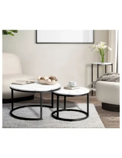 Oikiture Oikiture Side End Table Coffee Sofa Bedside Nightstand Marble-like Round Black