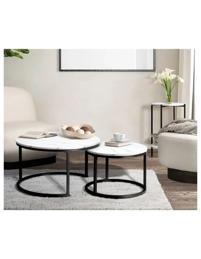 Oikiture Oikiture Side End Table Coffee Sofa Bedside Nightstand Marble-like Round Black