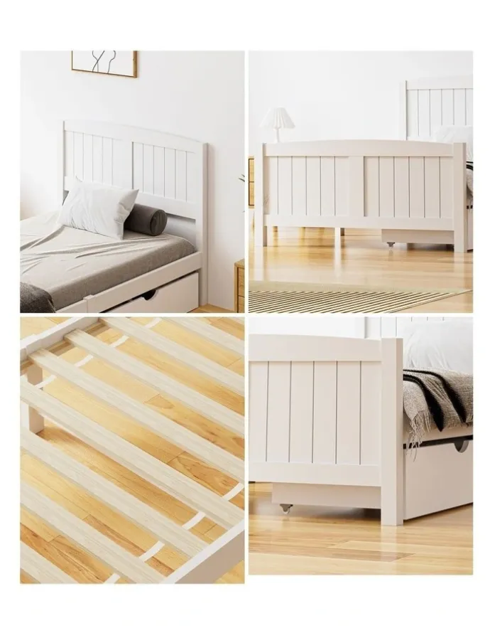 Oikiture Oikiture Wooden Bed Frame King Single Base with Trundle Storage Drawers White