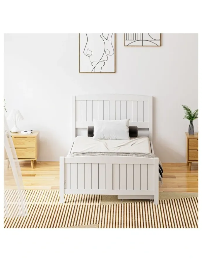 Oikiture Oikiture Wooden Bed Frame King Single Base with Trundle Storage Drawers White