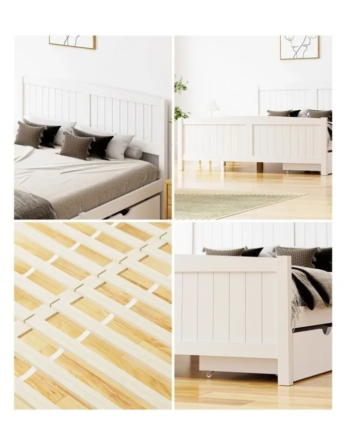 Oikiture Oikiture Wooden Bed Frame Queen Size Base with Trundle Storage Drawers White
