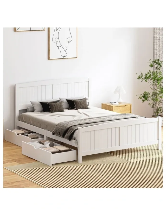 Oikiture Oikiture Wooden Bed Frame Queen Size Base with Trundle Storage Drawers White