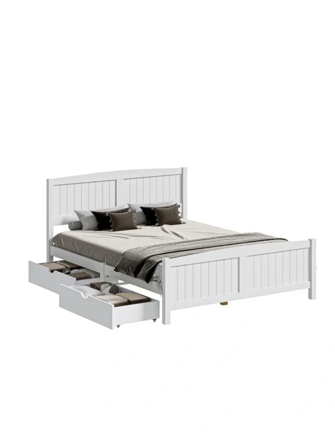 Oikiture Oikiture Wooden Bed Frame Queen Size Base with Trundle Storage Drawers White