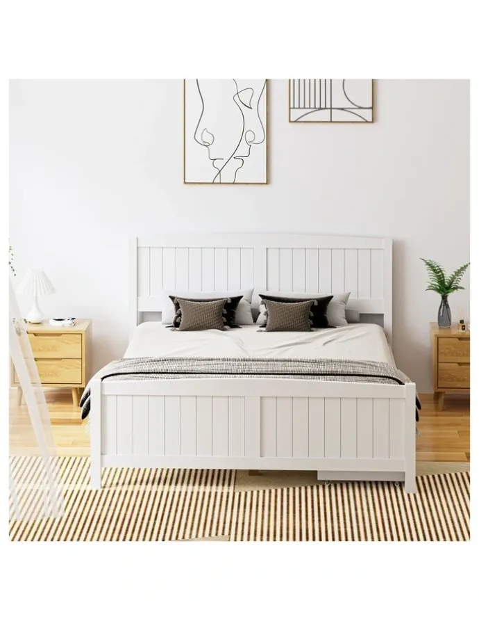 Oikiture Oikiture Wooden Bed Frame Queen Size Base with Trundle Storage Drawers White