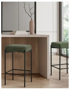 Oikiture Oikiture 2x Bar Stools Kithen Counter Stool Dining Chair Linen Seat Metal Green